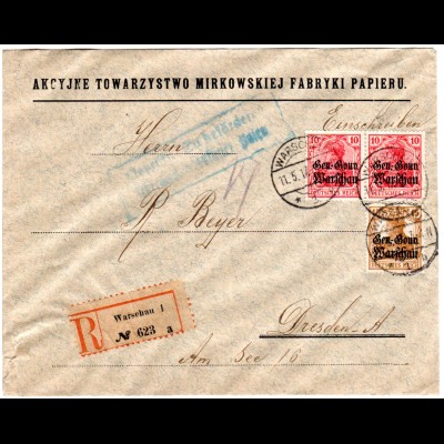 Polen 1917, 15+2x10 Pf. auf Einschreiben Zensur Brief v. Warschau