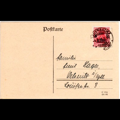 DR 1919, 10+5 Pf. Kriegsbeschädigten Marke auf Karte v. AUERBACH
