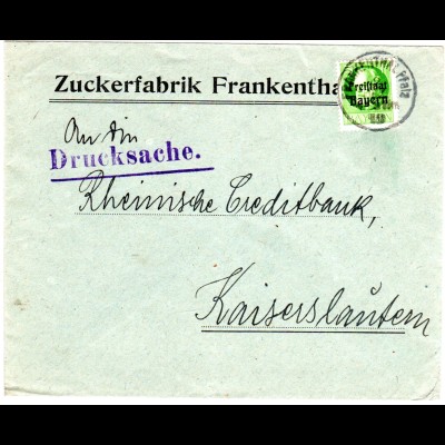 Bayern 1919, 5 Pf. Freistaat auf Firmen Brief d. Zuckerfabrik FRANKENTHAL
