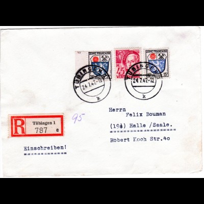Franz. Zone 1947, 15+24 in MiF m. 45 Pf. auf Einschreiben Brief v. Tübingen