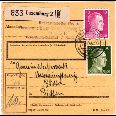 Luxemburg 1944, 30+40 Pf. Hitler auf Paketkarte n. Bitten