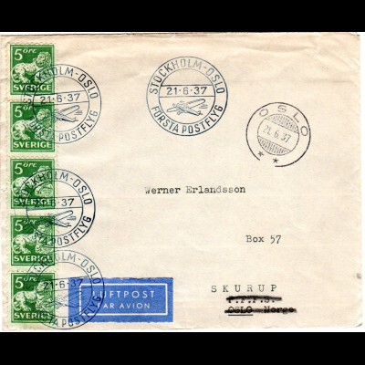 Schweden 1937, 5x5 öre auf Erstflug Brief v. Stockholm n. Oslo, Norwegen