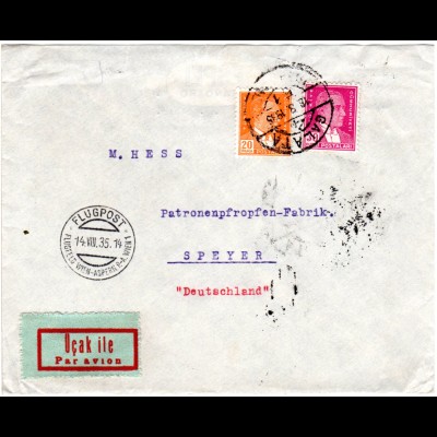 Türkei 1935, 20+30 P. auf Flugpost Brief v Galata via Wien Aspern n. Deutschland