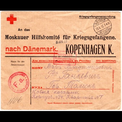 DR 1917, Reisen Kr. Lissa, KGF POW Rotes Kreuz Vordruck Brief n. Dänemark. 