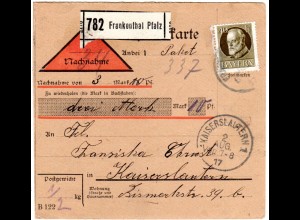 Bayern 1917, EF 40 Pf. auf Nachnahme Paketkarte v. FRANKENTHAL