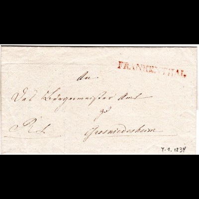 Bayern 1834, gr. roter L1 FRANKENTHAL auf schönem Bief n. Grosniedesheim