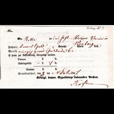 Bayern 1847, Postschein v. FRANKENTHAL f. ein Paket bares Geld