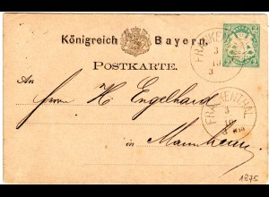Bayern 1875, K1 FRANKENTHAL klar auf 2 Kr. Ganzsache