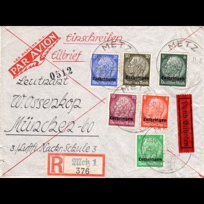 Lothringen 1940, 6 Marken auf Eilboten Einschreiben Brief v. Metz. Luftpost?