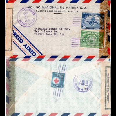 Honduras 1944, 1+21 C. on censorship Air Mail cover with Red Cross stamp on back
