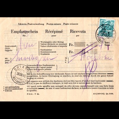 Schweiz 1946, 5 C. auf Postschein Empfangsschein, Recepisse v. Chiasso