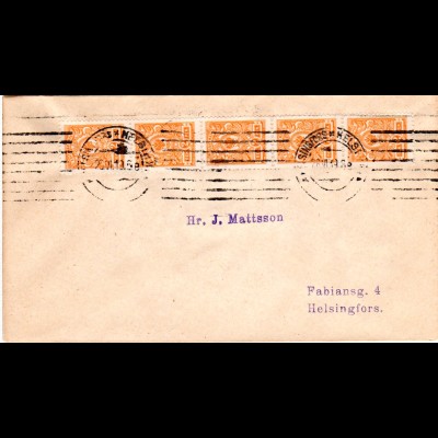 Finnland 1919, 5er-Streifen 2 P. auf Brief m. Maschinenstempel v. Helsinki