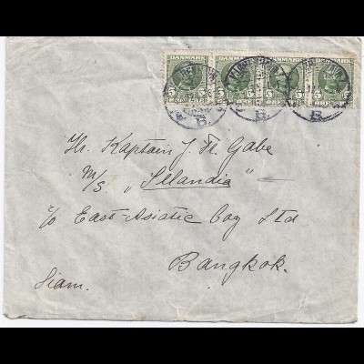 Dänemark Thailand 1912, 4er-Streifen 5 öre auf Brief nach Bagkok, Siam. #572