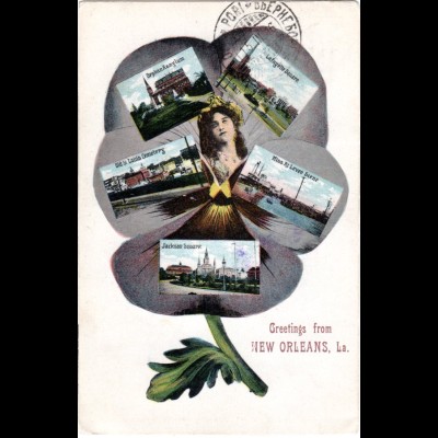 USA, Greetings from New Orleans, 1916 n. Finnland gebr. Mehrbild Farb-AK