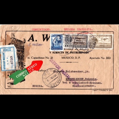 Mexiko 1931. 3 Marken auf Luftpost Einschreiben Brief i.d. Tschechoslowakei