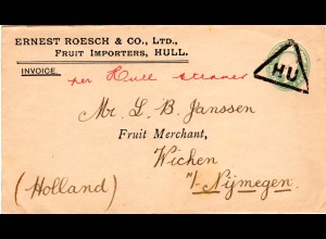 GB 1910, 1/2d Privat Ganzsache Brief "per Hull Steamer v. Hull m. Stpl. HU n. NL