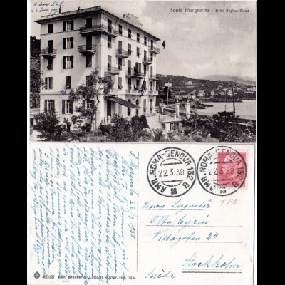 Italien 1938, Santa Margherita Hotel Regina Elena, sw-AK m. Bahnpost Stpl.