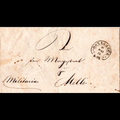 DR 1872, Hufeisen Stpl. OSNABRÜCK auf Militaria Brief n. Melle (Spalink 30-1).