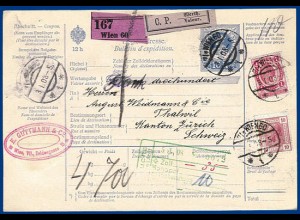 Österreich Schweiz 1908, 1 Kr.+10 H. auf WERT- Paketkarte i.d. Schweiz. #1505