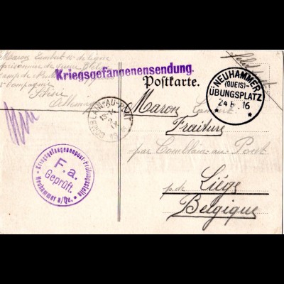 DR 1916, KGF POW Zensur Karte v. NEUHAMMER (Queis) ÜBUNGSPLATZ n. Belgien