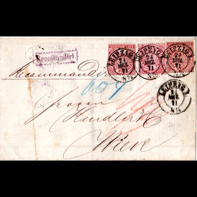 NDP 1871, 3x1 Gr. auf Einschreiben Brief v. K2 LEIPZIG n. Österreich