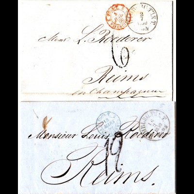 Taxis 1859/60, 2 Briefe v. Hamburg m. versch. Frankreich Porto Stempeln