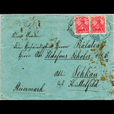 DOA 1901, Schiffspost Brief m. 2x10 Pf. Germania ab Dar Es-Salaam n. Österreich