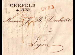 Preussen 1828, überstempelter CPR.3/2 auf Brief v. L2 Crefeld n. Frankreich