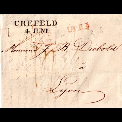 Preussen 1828, überstempelter CPR.3/2 auf Brief v. L2 Crefeld n. Frankreich