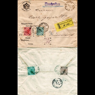 Österreich 1891, 2+2x3+12 Kr. auf Einschreiben Wert Brief v. FALKENAU EGER