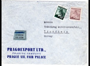 Tschechoslowakei 1945, 50 H.+3 Kr. auf Firmen Luftpost Brief n. Norwegen