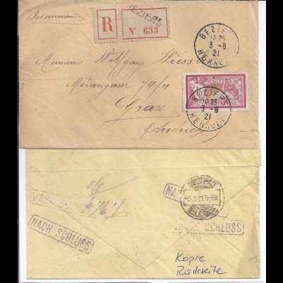 Frankreich Serbien Österreich 1921,Einschreiben Brief Beziers Belgrad Graz. #398