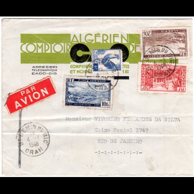 Algerien 1948, 4 Marken auf Luftpost Brief nach Brasilien.