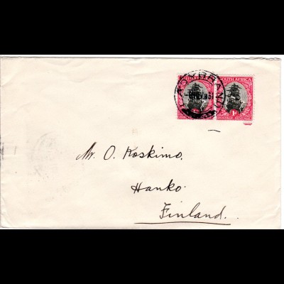 Südafrika 1931, Paar 1d Suid-/South Africa auf Brief v. Ladybrand n. Finnland.