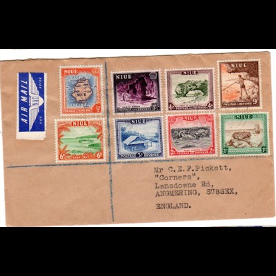 Niue 1950, 8 Marken auf Luftpost Brief n.GB