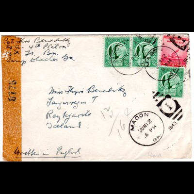USA 1943, 4 Marken auf Zensur Brief v. MACON Georgia n. Island