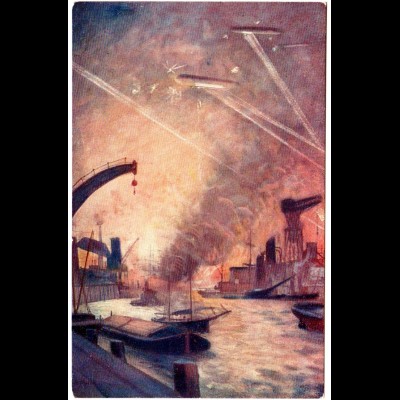 Zeppelin Luftangriff auf London Hafen, ungebr. Farb-AK