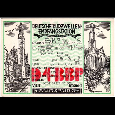 Augsburg Kurzwellen Empfangsstation, 1933 gebr. Radio-Funk Karte 