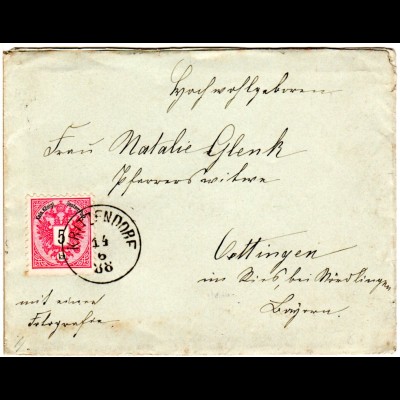 Österreich 1888, 5 Kr. auf Brief m. klarem Niederösterreich-K1 KRITZENDORF