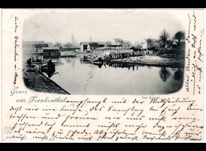 Gruss aus Frankenthal m. Kanal, Booten u. Gebäuden, 1898 gebr. sw-AK