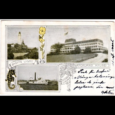 USA, Boston, Steamer Lincoln, Lighthouse and Rockland House, 1904 gebr. Farb-AK