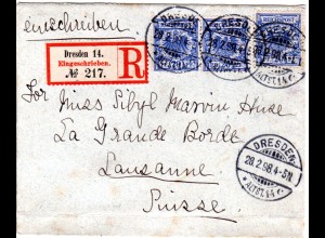 DR 1898, MeF 3x20Pf. auf schönem Einschreiben Brief v. Dresden i.d. Schweiz