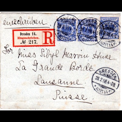 DR 1898, MeF 3x20Pf. auf schönem Einschreiben Brief v. Dresden i.d. Schweiz