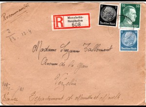 DR 1943, 1+4+50 Pf. auf Reko Zensur Brief v. Mannheim-Sandhofen n. Frankreich