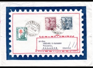 Spanien 1946, 25+50 C. u. 10 C. Spendenmarke auf Brief v. Santander n. Schweden