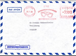 Finnland 1962, Helsinki Maschinen Freistpl. m. Abb. Brille auf Luftpost Brief