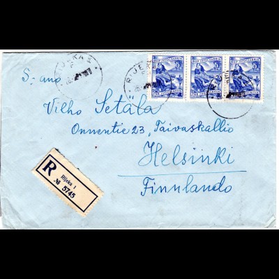 Jugoslawien 1951, 3er-Streifen 5 D. auf Einschreiben Brief v. Rijeka n. Finnland