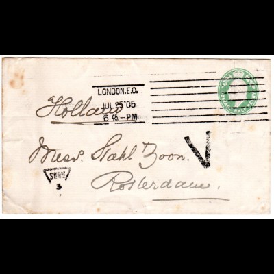 GB 1905, V + SUBN 3 marks on 1/2d stationery envelope from London to NL