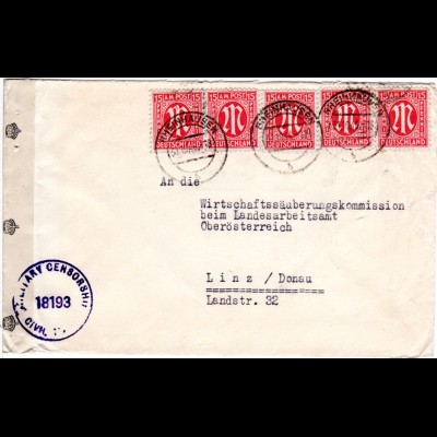 1946, MeF 5x15 Pf. AM-Post auf Zensur Brief v. Rheinhausen n. Österreich