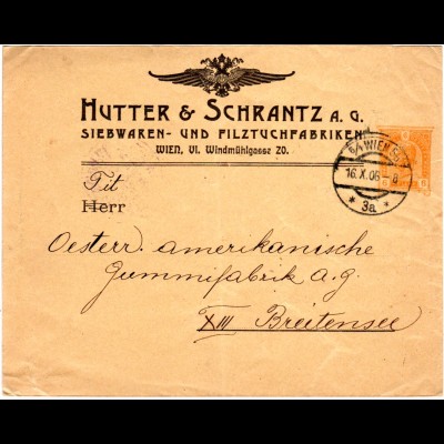 Österreich 1906, gebr. 6 H. Privat Ganzsache Brief Hutter&Schranz Wien